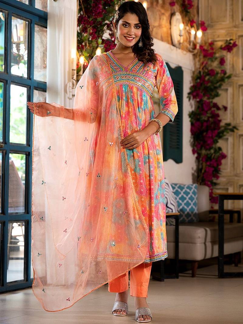 Bandhani Printed Mirror Work Anarkali Kurta With Trouser & Dupatta