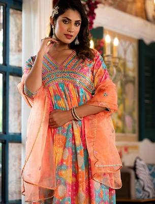 Bandhani Printed Mirror Work Anarkali Kurta With Trouser & Dupatta 2