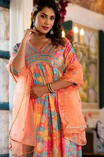 Bandhani Printed Mirror Work Anarkali Kurta With Trouser & Dupatta