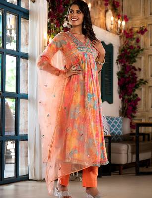 Bandhani Printed Mirror Work Anarkali Kurta With Trouser & Dupatta 3