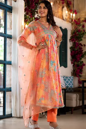 Bandhani Printed Mirror Work Anarkali Kurta With Trouser & Dupatta