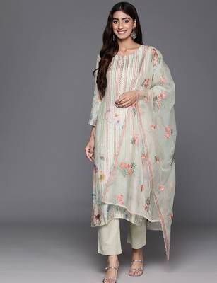 Floral Printed Regular Thread Work Pure Silk Kurta with Trousers & Dupatta 1
