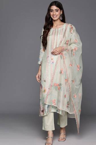 Floral Printed Regular Thread Work Pure Silk Kurta with Trousers & Dupatta