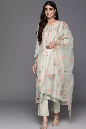 Floral Printed Regular Thread Work Pure Silk Kurta with Trousers & Dupatta