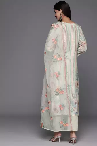 Floral Printed Regular Thread Work Pure Silk Kurta with Trousers & Dupatta