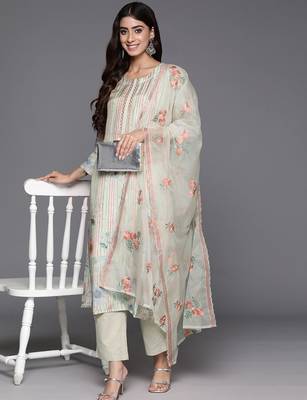 Floral Printed Regular Thread Work Pure Silk Kurta with Trousers & Dupatta 7