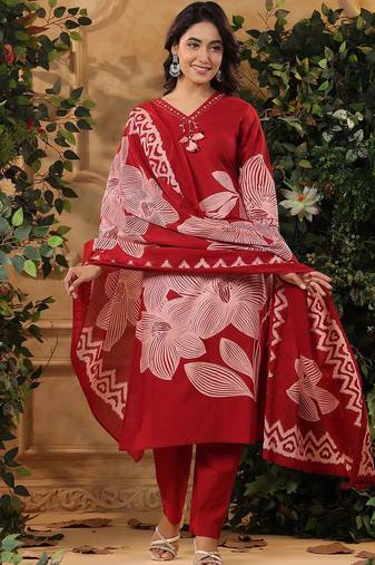 Floral Printed V-Neck Pure Cotton Kurta With Trousers & Dupatta