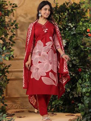 Floral Printed V-Neck Pure Cotton Kurta With Trousers & Dupatta 5
