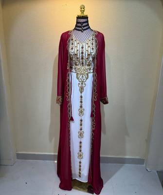 Burgundy & Ivory Royal Embroidered Kaftan Dress with Gold Work Stitched Dresses 1