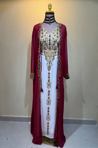 Burgundy & Ivory Royal Embroidered Kaftan Dress with Gold Work Stitched Dresses