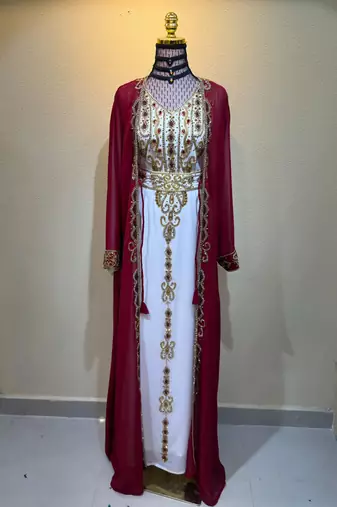 Burgundy & Ivory Royal Embroidered Kaftan Dress with Gold Work Stitched Dresses