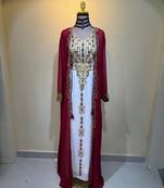 Burgundy & Ivory Royal Embroidered Kaftan Dress with Gold Work Stitched Dresses