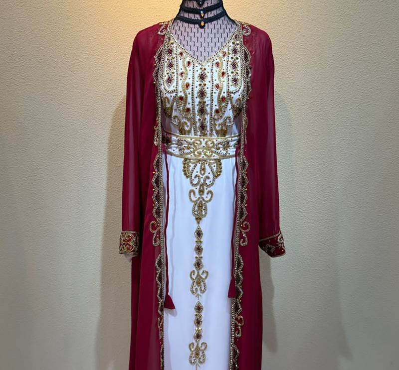 Burgundy & Ivory Royal Embroidered Kaftan Dress with Gold Work Stitched Dresses