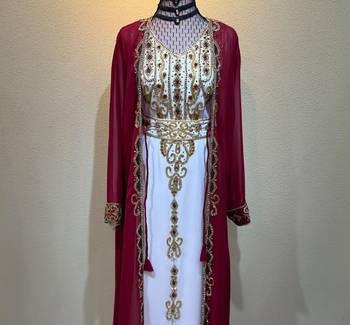 Burgundy & Ivory Royal Embroidered Kaftan Dress with Gold Work Stitched Dresses 4