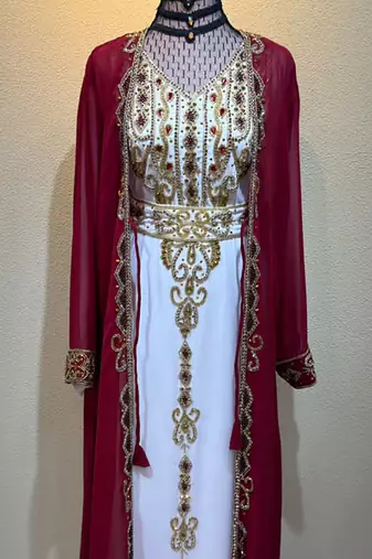 Burgundy & Ivory Royal Embroidered Kaftan Dress with Gold Work Stitched Dresses