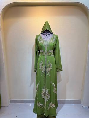 Olive Green Luxury Embroidered Hooded Kaftan Dress with Designer Belt Stitched Dresses 1
