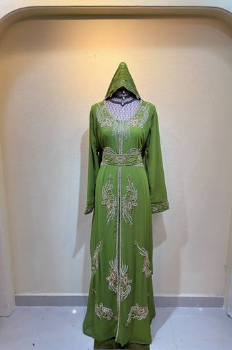 Olive Green Luxury Embroidered Hooded Kaftan Dress with Designer Belt Stitched Dresses