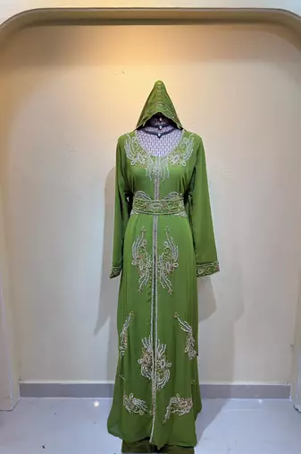 Olive Green Luxury Embroidered Hooded Kaftan Dress with Designer Belt Stitched Dresses