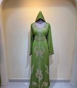 Olive Green Luxury Embroidered Hooded Kaftan Dress with Designer Belt Stitched Dresses