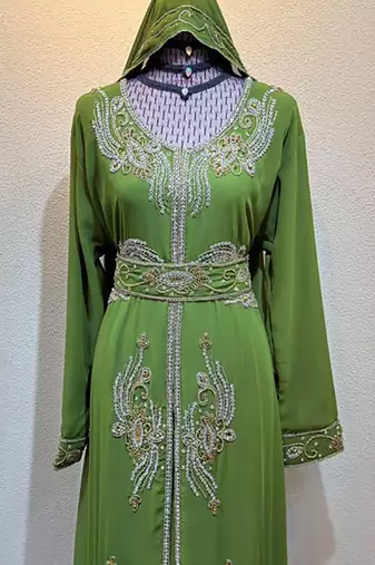 Olive Green Luxury Embroidered Hooded Kaftan Dress with Designer Belt Stitched Dresses