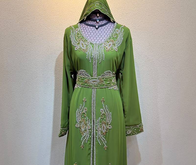 Olive Green Luxury Embroidered Hooded Kaftan Dress with Designer Belt Stitched Dresses