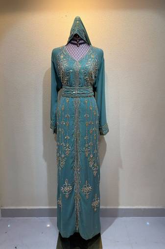 Luxury Turquoise Embroidered Stitched Kaftan Dress with Belt & Hood Stitched Dresses