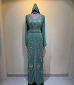 Luxury Turquoise Embroidered Stitched Kaftan Dress with Belt & Hood Stitched Dresses