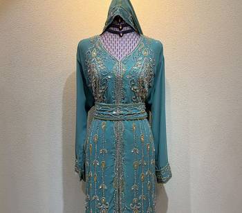 Luxury Turquoise Embroidered Stitched Kaftan Dress with Belt & Hood Stitched Dresses 2