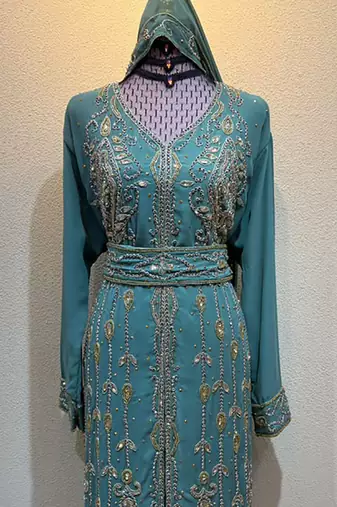Luxury Turquoise Embroidered Stitched Kaftan Dress with Belt & Hood Stitched Dresses