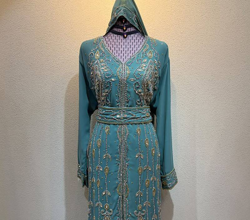 Luxury Turquoise Embroidered Stitched Kaftan Dress with Belt & Hood Stitched Dresses