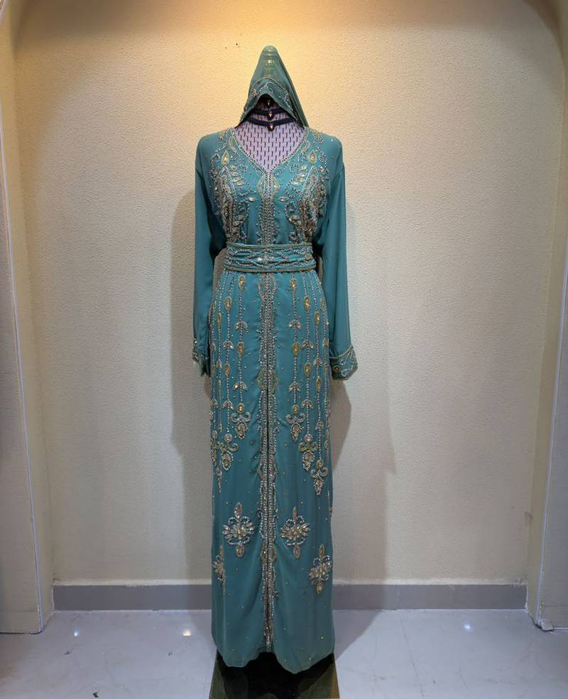 Luxury Turquoise Embroidered Stitched Kaftan Dress with Belt & Hood Stitched Dresses