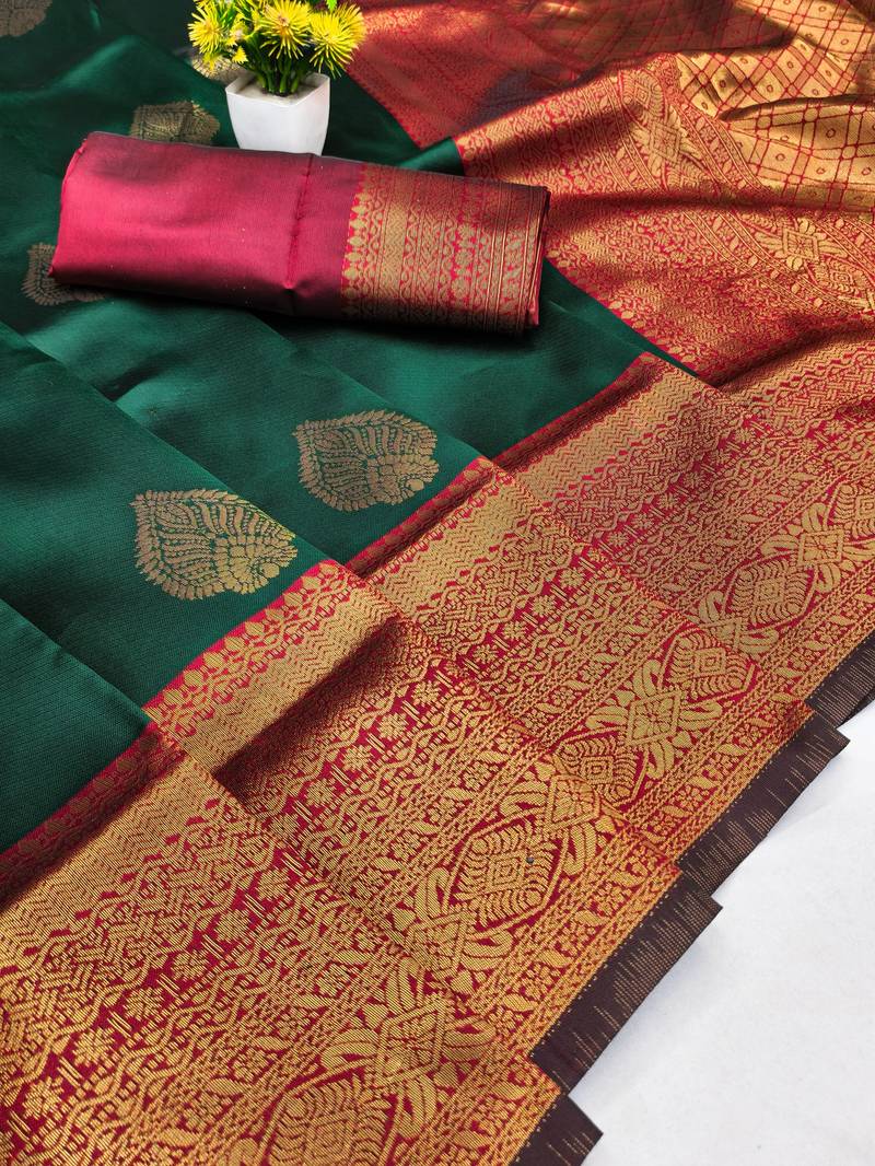 Sea green art silk blend banarasi jacquard motif work saree with unstitched blouse piece