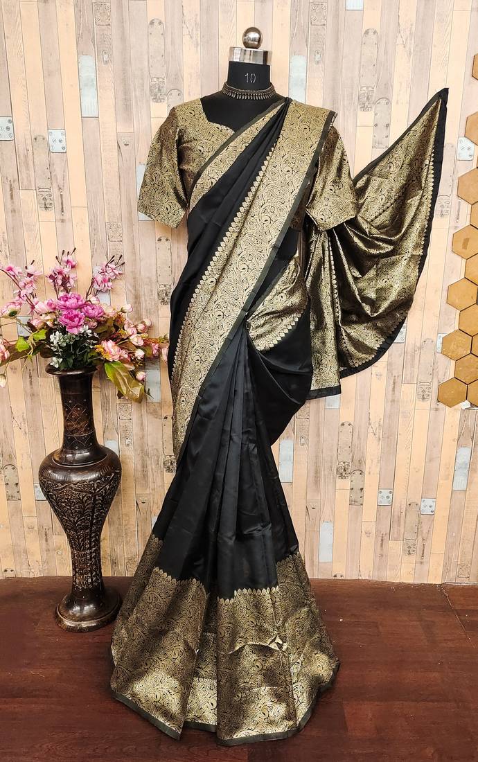 Black art silk blend banarasi jacquard motif work saree with unstitched blouse piece