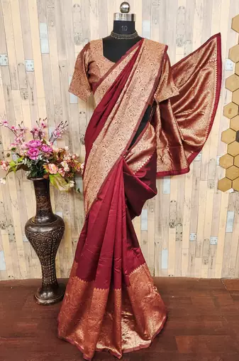 Maroon art silk blend banarasi jacquard motif work saree with unstitched blouse piece