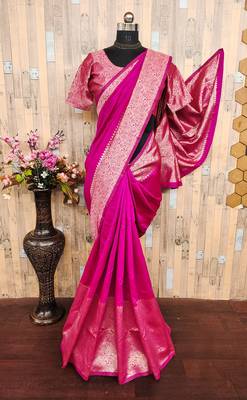 Pink art silk blend banarasi jacquard motif work saree with unstitched blouse piece 6