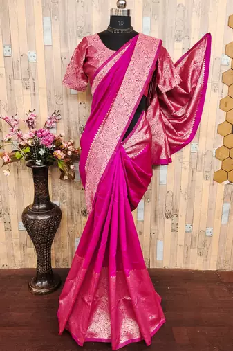 Pink art silk blend banarasi jacquard motif work saree with unstitched blouse piece