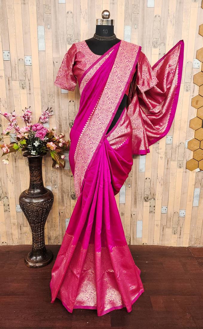 Pink art silk blend banarasi jacquard motif work saree with unstitched blouse piece