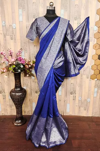 Royal blue art silk blend banarasi jacquard motif work saree with unstitched blouse piece
