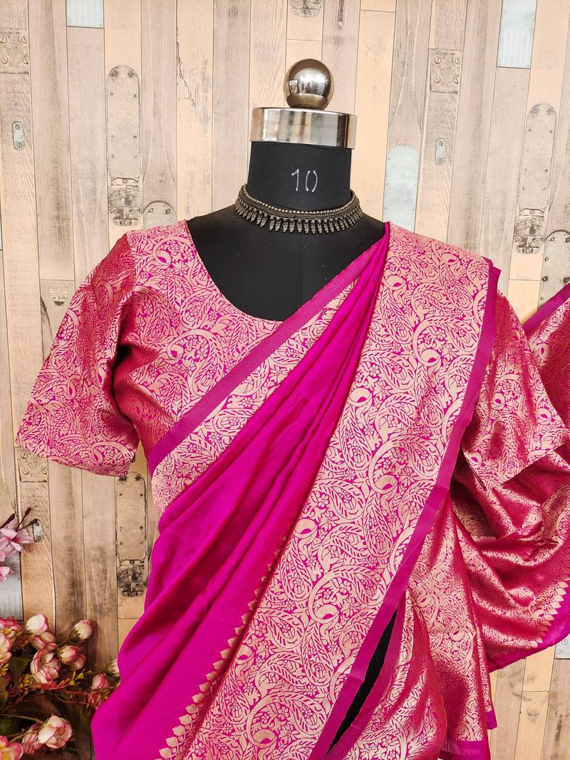 Pink art silk blend banarasi jacquard motif work saree with unstitched blouse piece