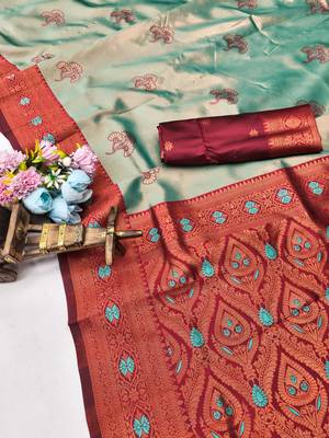 Red rama art silk blend banarasi jacquard motif work saree with unstitched blouse piece 6