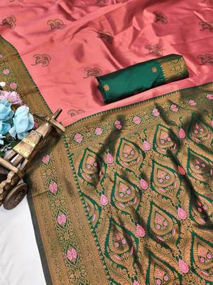 Green gajri art silk blend banarasi jacquard motif work saree with unstitched blouse piece 6