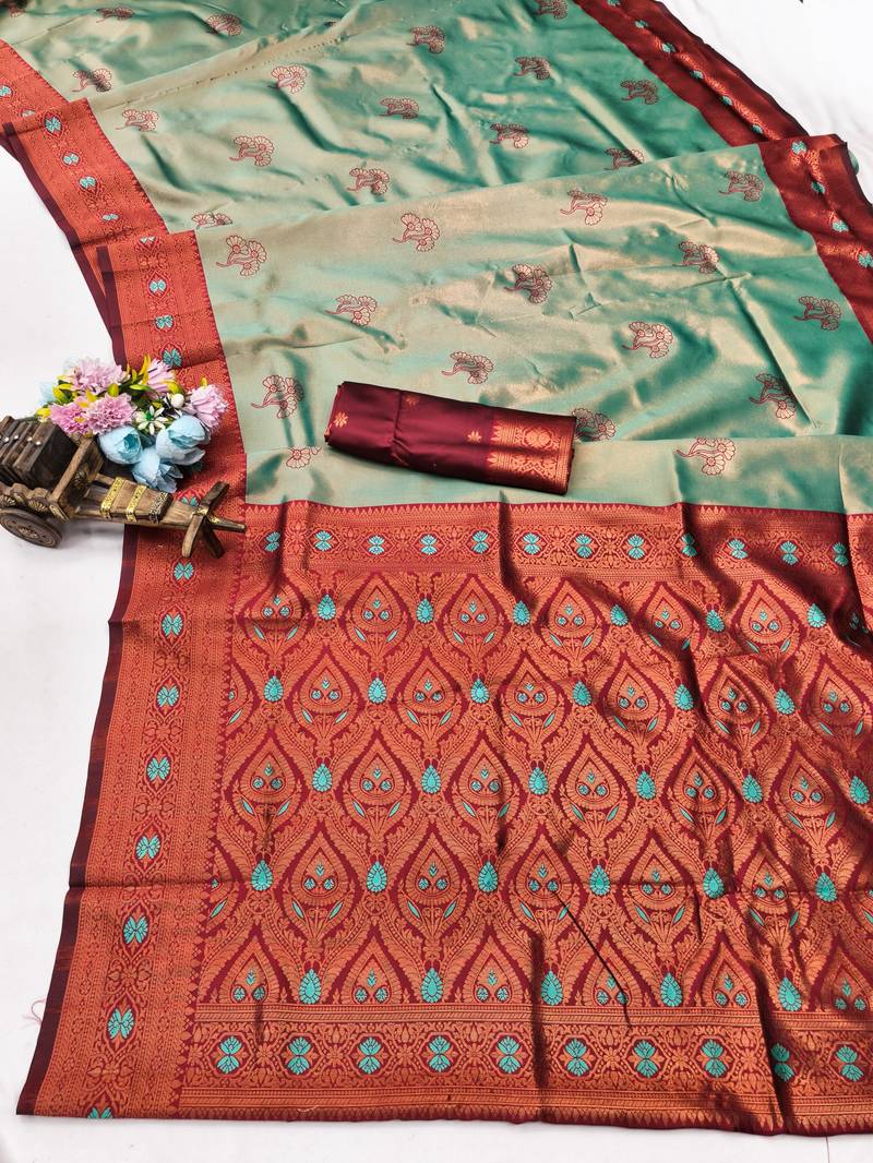 Red rama art silk blend banarasi jacquard motif work saree with unstitched blouse piece