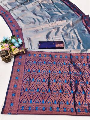 Blue rama art silk blend banarasi jacquard motif work saree with unstitched blouse piece 7