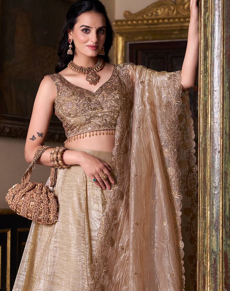 Gold Crush Fabric Chaniya Choli with Sequins Embroidery