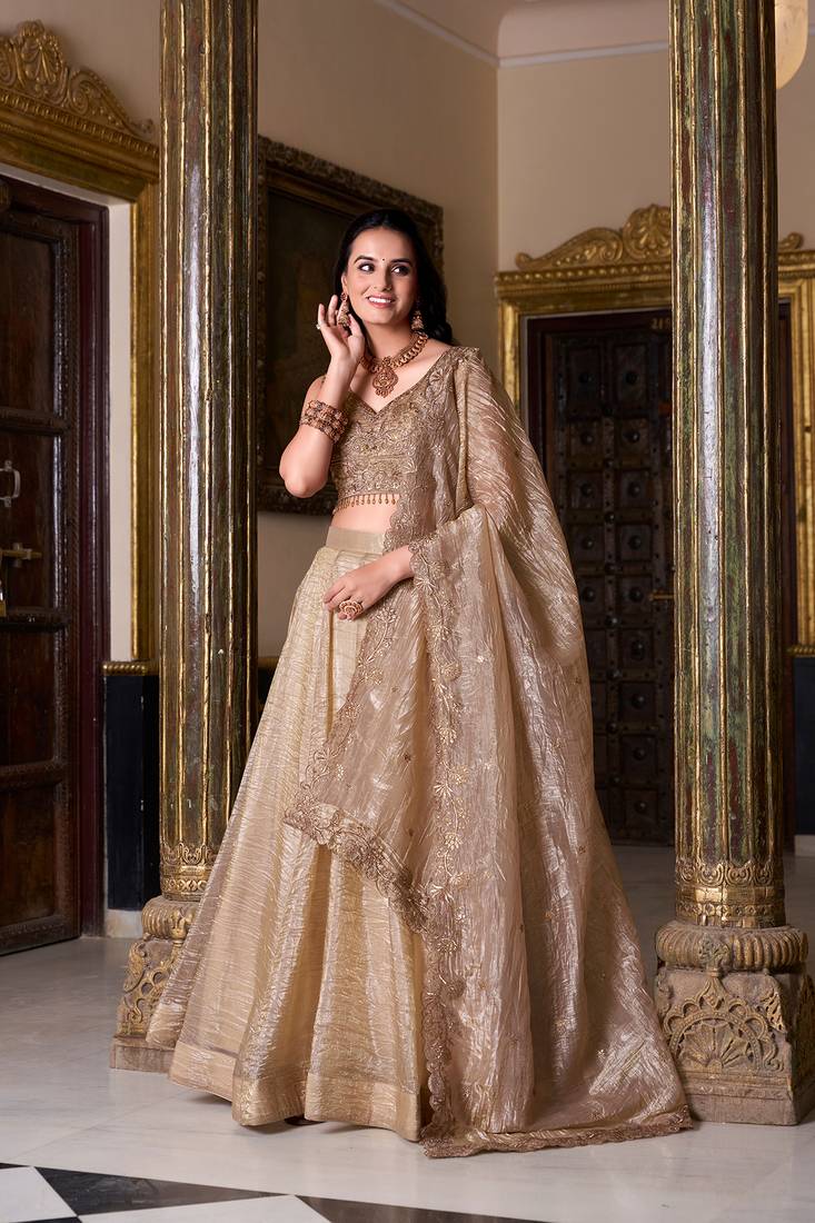 Gold Crush Fabric Chaniya Choli with Sequins Embroidery