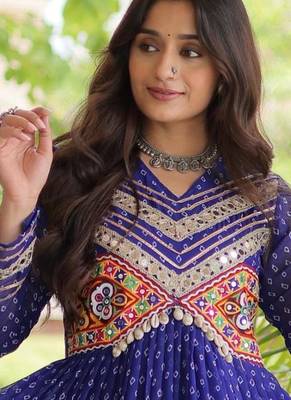 Blue faux georgette bandhni print with kutchi patche work ruffle navratri gown 2