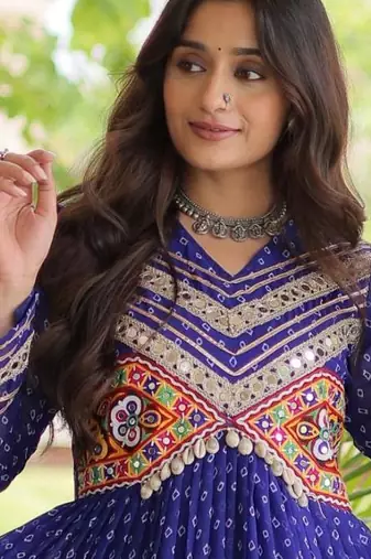 Blue faux georgette bandhni print with kutchi patche work ruffle navratri gown