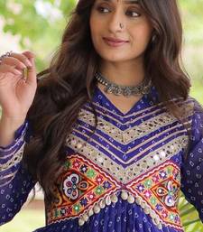 Blue faux georgette bandhni print with kutchi patche work ruffle navratri gown