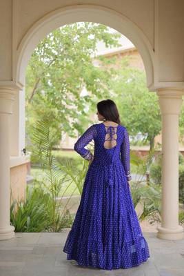 Blue faux georgette bandhni print with kutchi patche work ruffle navratri gown 3