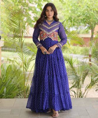 Blue faux georgette bandhni print with kutchi patche work ruffle navratri gown 1